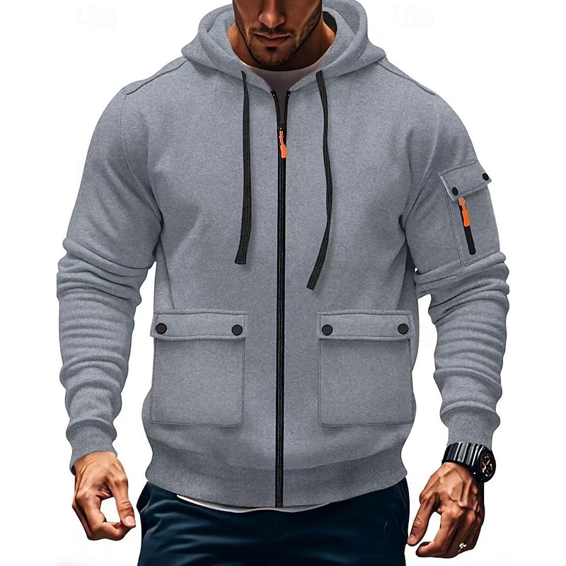 Men's Hoodie Full Zip Hoodie Black Army Green Navy Blue Khaki Light Grey Hooded Plain Pocket Sports & Outdoor Daily Holiday Polyester Streetwear Basic Casual Spring Fall Clothing Apparel Hoodies