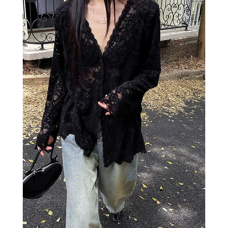 Women's Shirt Plain Daily Stylish Basic Long Sleeve V Neck Regular Tops Work Daily Holiday Buttons Mesh Black Beige Summer