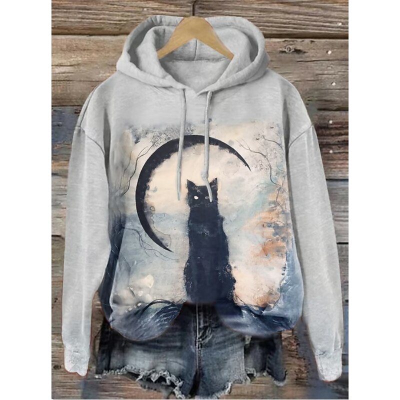 Halloween Women's Hoodie Pullover Sweatshirt Oversized Long Sleeve Casual Black Cat Graphic Cat Fashion Print Hooded Street Dailywear Drawstring Print Black Orange Dark Blue Gray Fall Winter3