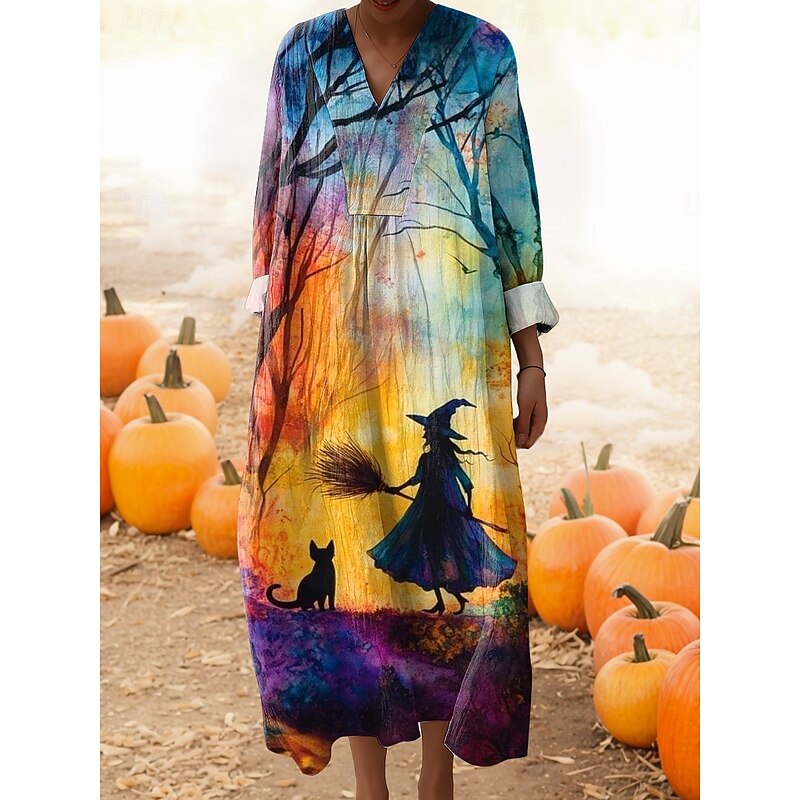 Halloween Women's Witch Print Midi Dress V Neck Long Sleeve Kaftan Lightweight Loose Fit A Line Dress Casual Going out Graphic Long Sleeve V Neck Yellow Orange Green Rainbow Fall