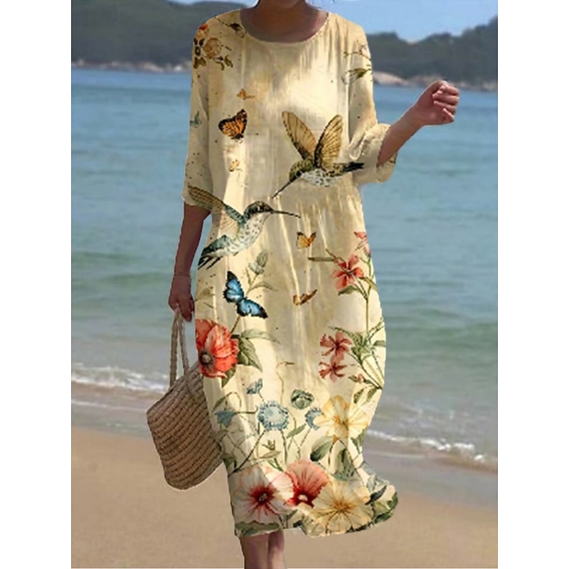 Women's Midi Dress Casual Dress Print Dress Fashion Modern Daily Beach Weekend Regular Fit Floral 3/4 Length Sleeve Crew Neck White Pink Blue Khaki Spring Fall Autumn3