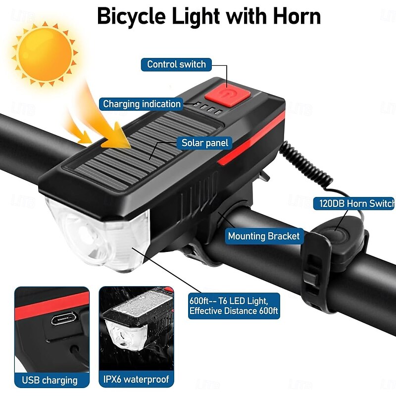 Rechargeable Solar Bike Lights, Night Ultra Bright Bicycle Lights Headlight and Back Taillight with Electric Bell, Easy to Install Waterproof, Road and Mountain LED Bike Lights2