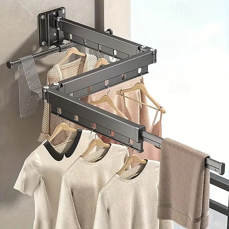 3/4 Fold Wall-Mounted Clothes Drying Rack with Rotating Design Space-Saving Foldable Clothes Hanger for Balcony, Laundry Room, Bathroom3