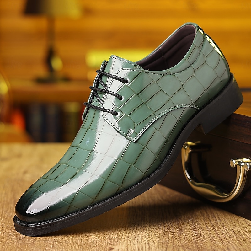 Men's Green Crocodile Print Faux Leather Oxford Shoes – Glossy Lace-up Style for Stylish Gentlemen, Cocktail Parties and Luxury Gatherings