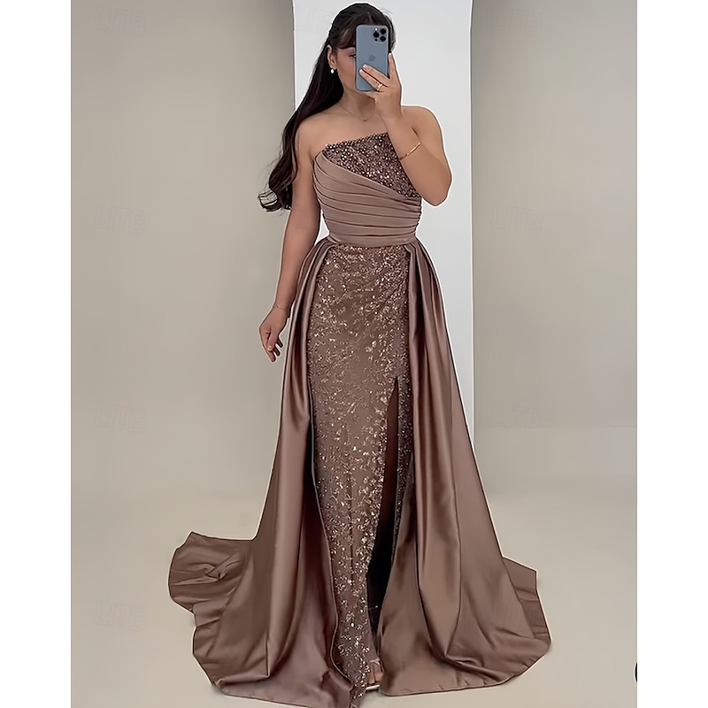 A-Line Mermaid / Trumpet Evening Gown Elegant Dress Formal Wedding Floor Length Sleeveless StraplessMother Of the Bride Dress Satin with Rhinestone Glitter Ruched3