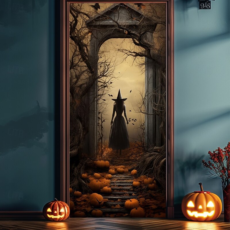 Halloween Door Covers Witch Door Tapestry Door Curtain Decoration Backdrop Door Banner for Front Door Farmhouse Holiday Party Indoor Outdoor Decor Supplies3