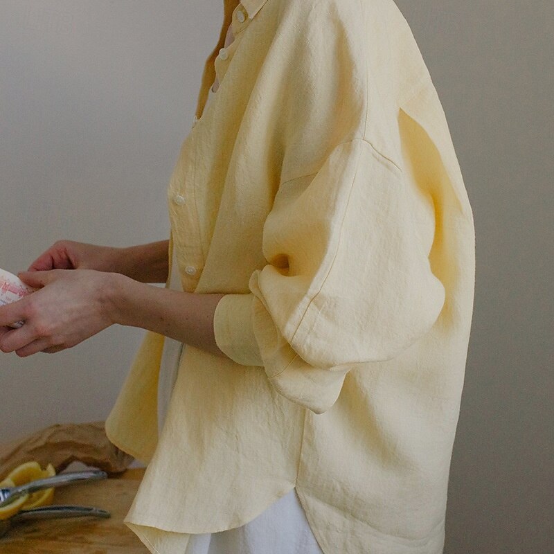 Women's 100% Linen Shirt Elegant Vintage Daily Long Sleeve Shirt Collar Regular Tops Work Daily Holiday Cream yellow off white Summer Spring Fall3