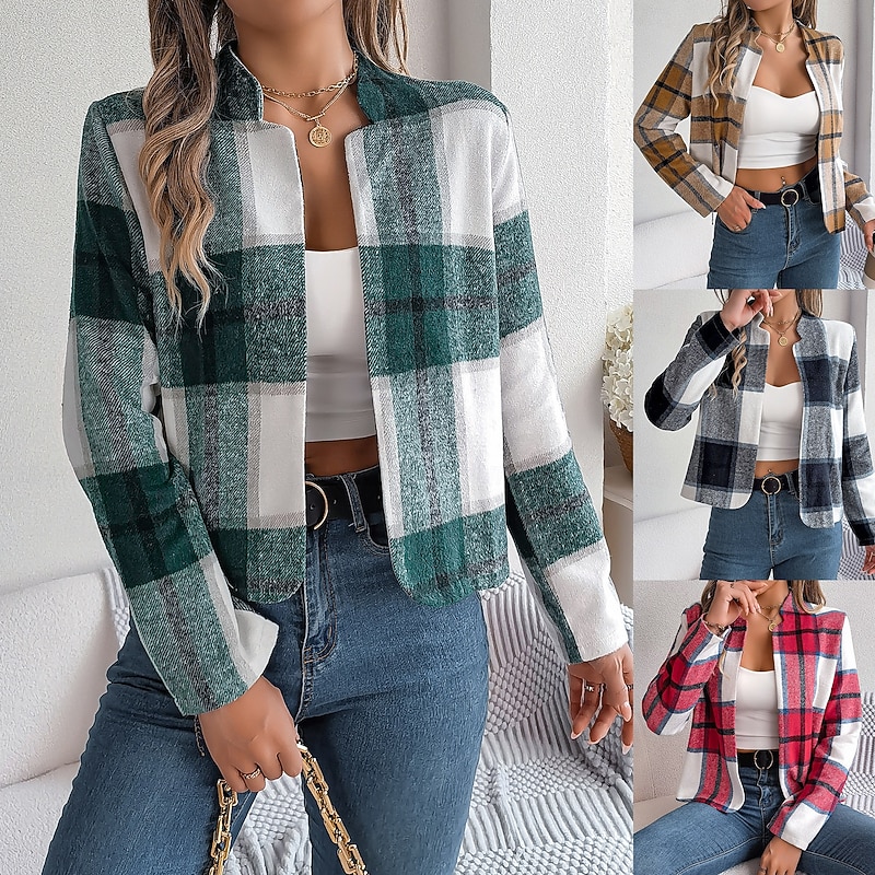 Women's Casual Jacket Comfortable Breathable Print Casual Plaid Vacation Street Daily Wear Going out Open Front Short Stand Collar Regular Fit Long Sleeve Outerwear Navy Red Green Summer Spring