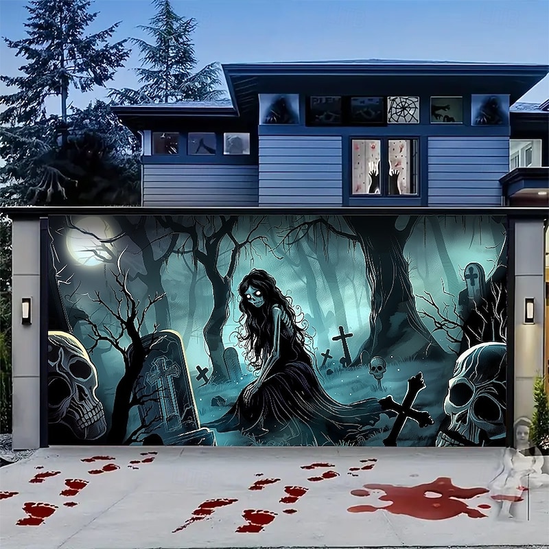 Halloween Garage Door Cover Zombie Bride in Haunted Graveyard Banner, Large Tapestry Backdrop Decoration for Holiday Outdoor Garage Door and Home Wall, 2025 Halloween Decorations4