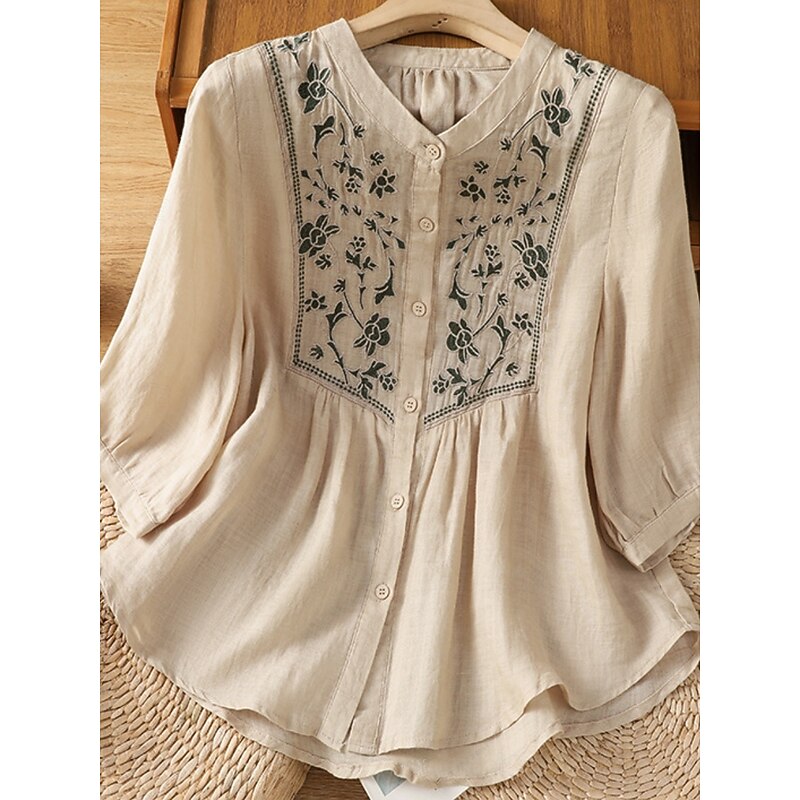 Women's Cotton Linen Shirts Floral Bohemia Casual 3/4 Length Sleeve Crew Neck Regular Tops Daily Embroidered Green Apricot Summer Spring Fall3