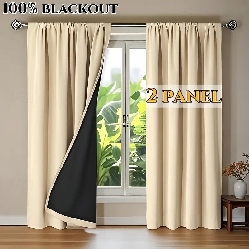 Curtain Drapes 2PC Beige Blackout Curtains  Modern Living Room  Bedroom Decor, Stylish Grommet Top Design