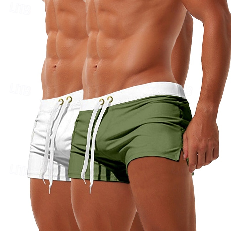 2PCS Men's Swim Trunks Swim Shorts Board  Shorts Beach Shorts Elastic Waist Drawstring Zipper Pocket Solid Color Quick Dry Breathable Knee Length Casual Daily Beach Vacation Fashion  Micro-elastic2