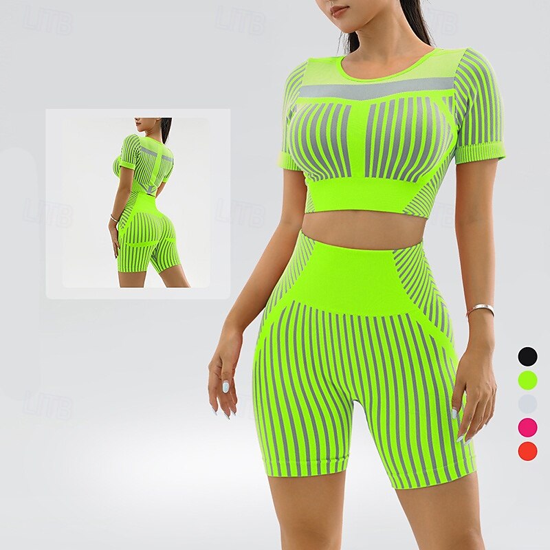 Women's 2 Pieces Scrunch Yoga Romper Workout Jumpsuits Shorts and Crop Top Stripes Clothing Suit Black White Gym Workout Volleyball Running High Waist Stretchy Breathable Sport Activewear Tight Fit4