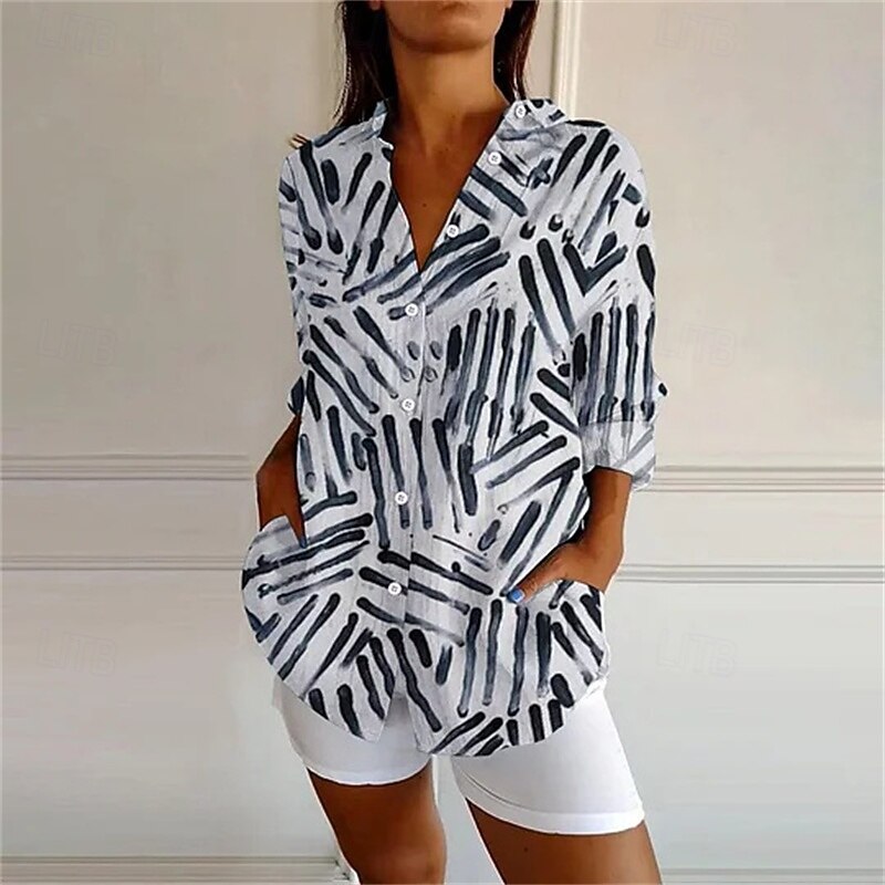 Women's Shirt Print Vintage Stylish Long Sleeve V Neck Regular Tops Daily Holiday Going out Buttons Print Black Blue Khaki Gray Summer
