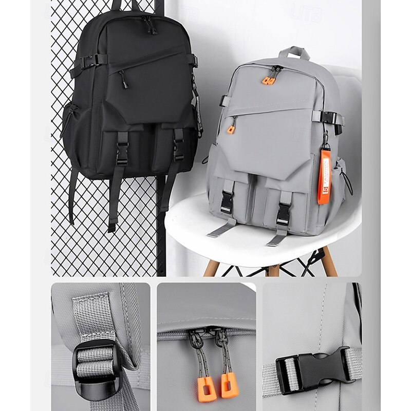 Unisex Gray Utility Backpack – Water-Resistant School and Travel Bag with Buckle Straps and Multiple Storage Pockets4