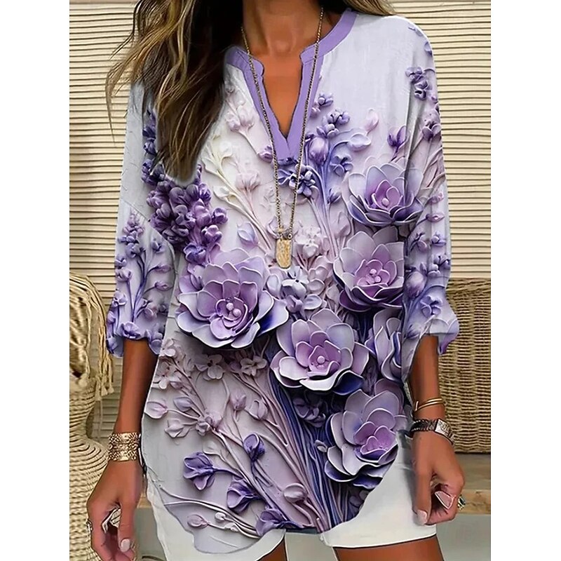 Women's Blouse Tunic V Neck Long Sleeve Boho Casual Ombre Graphic Geometric Vintage Daily Stylish Regular Tops Daily Print White Blue Sky Blue Light Purple Purple Fall3