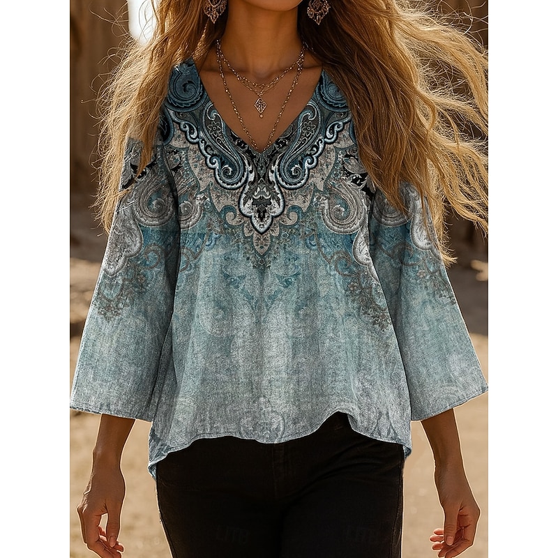 Women's Blouse Graphic Paisley Bohemia Vintage Stylish 3/4 Length Sleeve V Neck Regular Tops Daily Black Red Blue Fuchsia Green Summer Spring Fall2