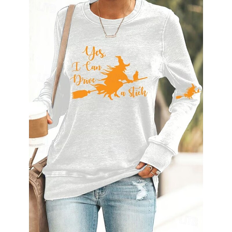Halloween Women's Pullover Sweatshirt Witch Graphic Casual Long Sleeve Crew Neck Regular Tops Street Casual Holiday Print Black White Blue Purple Orange Spring Fall Winter4