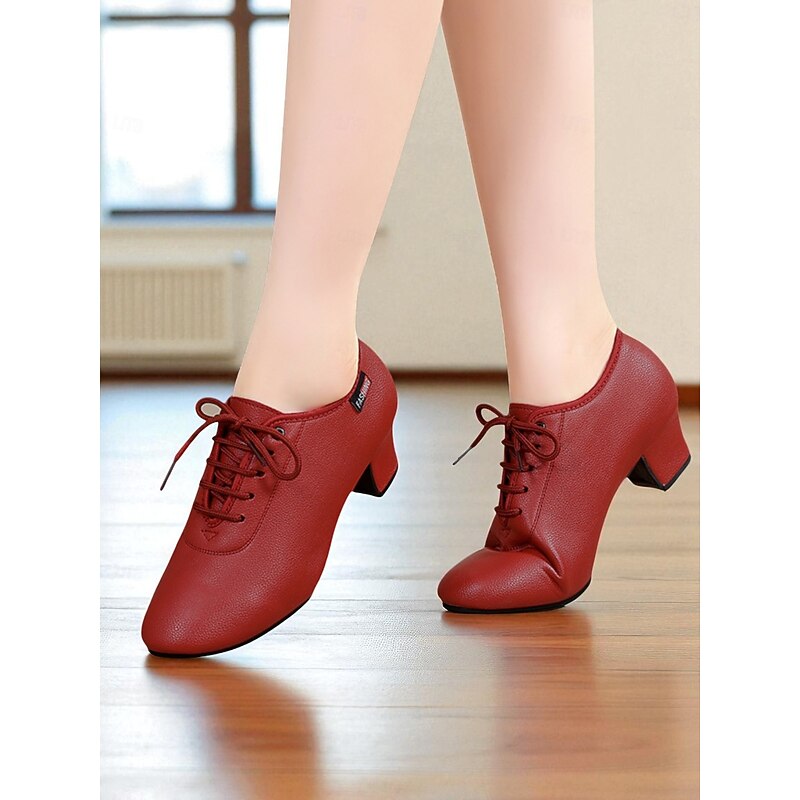 Women's Professional Dance Shoes - Burgundy Lace-Up Practice Heels with Comfortable Block Heel and Soft Leather Finish, Ideal for Ballroom, Latin and Jazz Dance Training