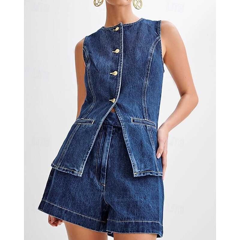 Women's Active Fashion Blouse Shorts Sets Sleeveless Crew Neck Solid Color Split Thigh Vacation Casual Daily Blue Summer Regular Fit