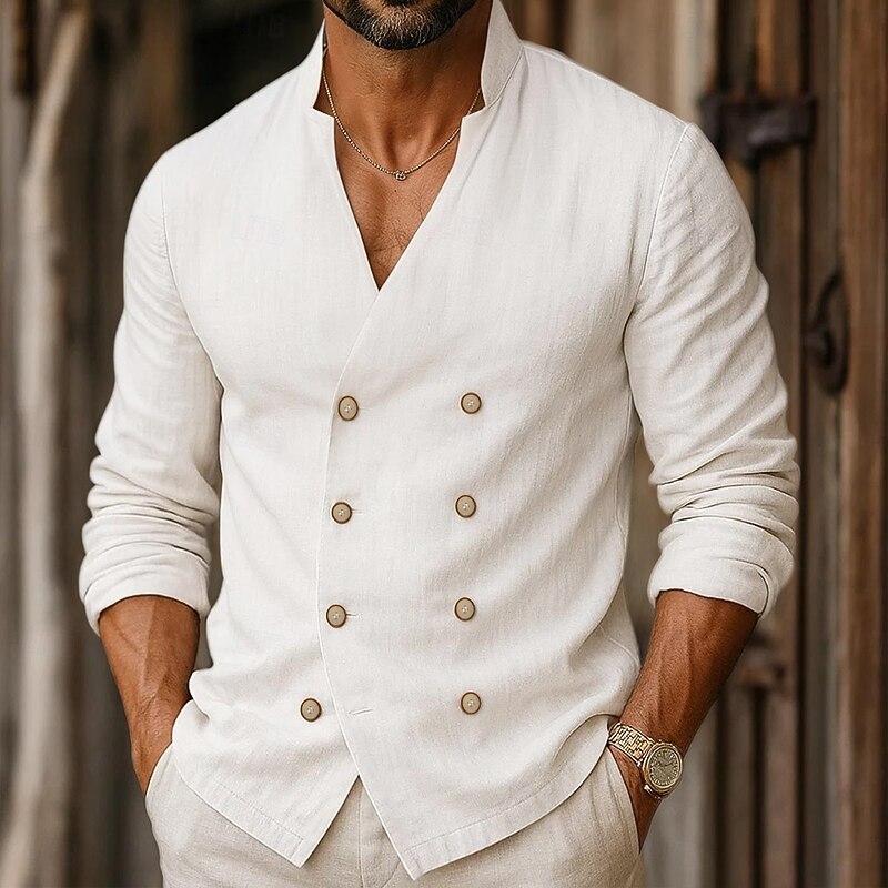 Men's Shirt Linen Shirt Band Collar Shirt Summer Shirt Beach Wear Button Up Shirt Plain Formal Vacation Black White Blue Long Sleeve Mandarin Collar Summer Spring Clothing Apparel