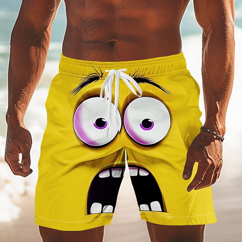 Men's 3D Cartoon Smile Face Big Eyes Swim Trunks Swim Shorts Board Shorts Mid Waist Funny Outdoor Vacation Dailywear Side Pockets Mesh Lining Elastic Drawstring Waist Designer Clothing Apparel2