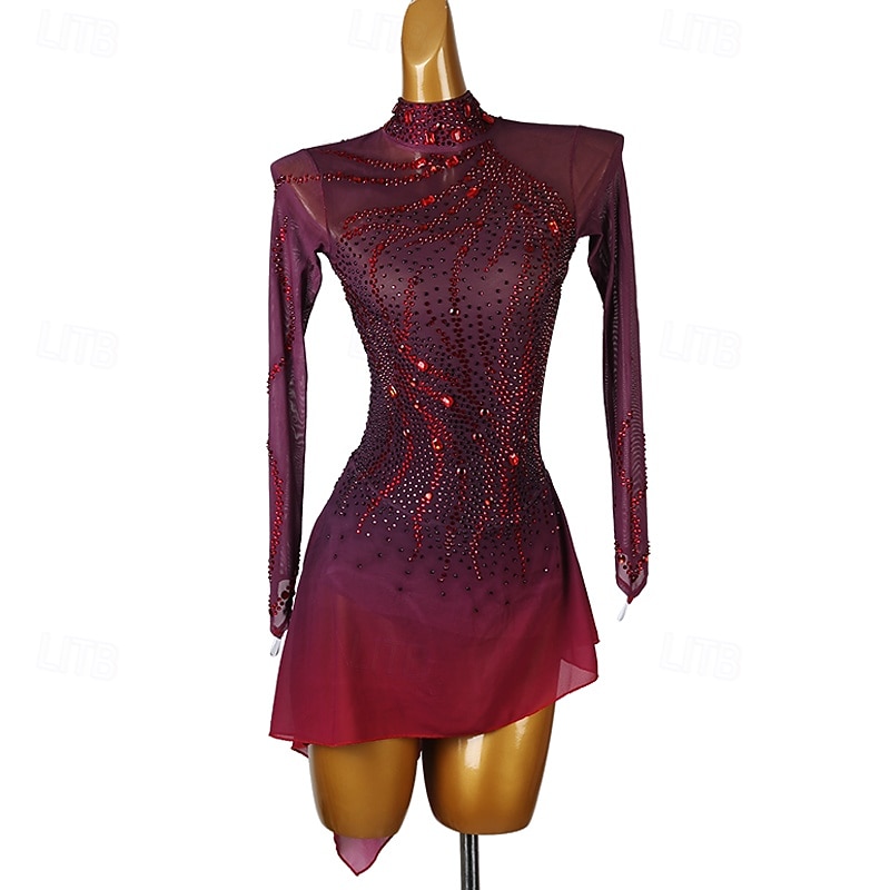 Figure Skating Dress Women's Girls' Ice Skating Dress Black Red Open Back Asymmetric Hem Mesh High Elasticity Training Competition Skating Wear Classic Crystal / Rhinestone Long Sleeve Ice Skating4