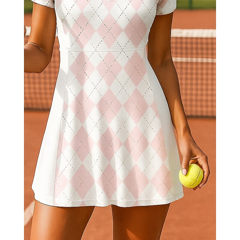 Women's Geometric Plaid Checkered Tennis Dress with Shorts Sports Dress 2 Pieces Short Sleeves Printing Moisture Wicking Breathable Tennis Golf Pickleball Polo Collar Open Back Pink Tennis Clothing3
