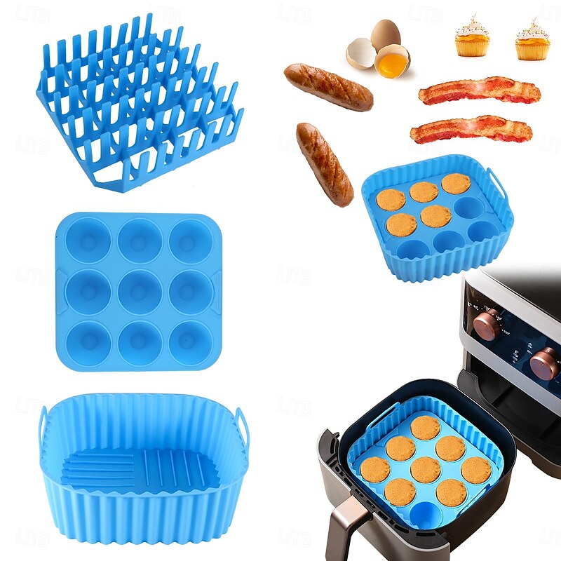 3pcs Reusable Silicone Air Fryer Liners Set Non-Stick Silicone Tray, Bacon Rack & 9-Cavity Mold for Eggs and Cupcakes Multi-Use Air Fryer Accessories4