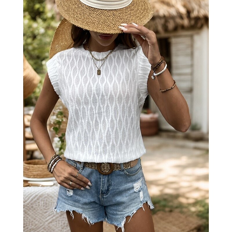 Women's Texture Blouse Lace Shirt Blouse Plain Modern Casual Sleeveless Crew Neck Regular Tops Daily Holiday Going out Print White Summer3