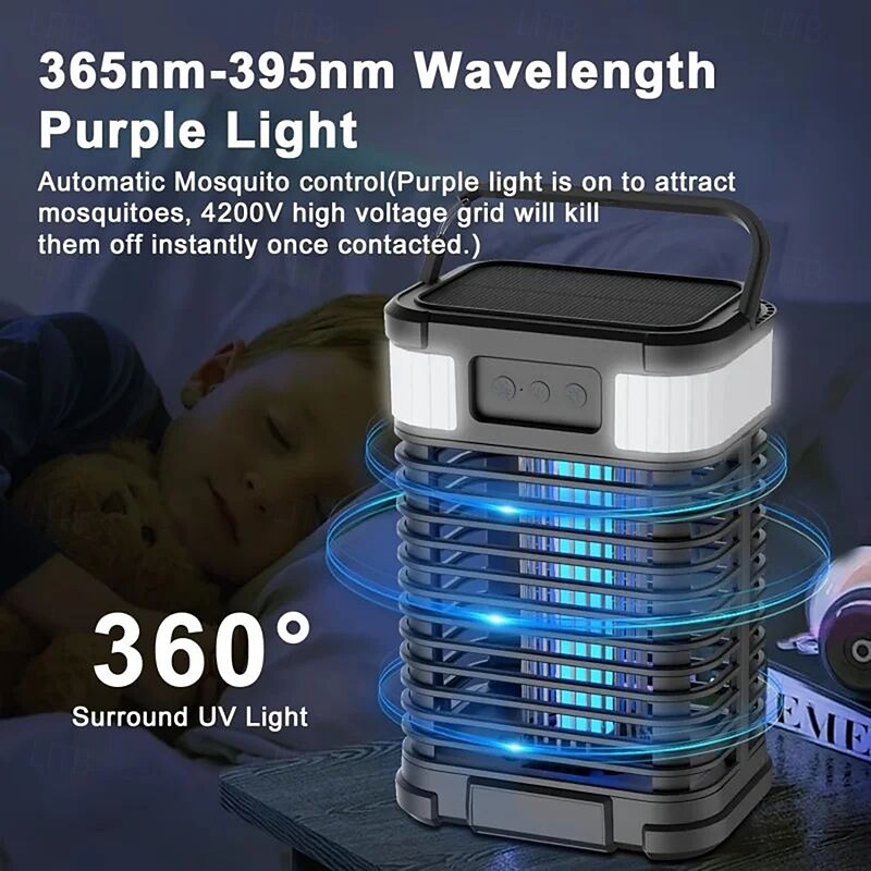 1 Piece Solar Powered Insect Stung Device for Indoor and Outdoor Use 5-in-1 Portable Electric Mosquito Stung Device Rechargeable Flight Stung Device with 4000mAh Battery 4200V LED Light Inductio