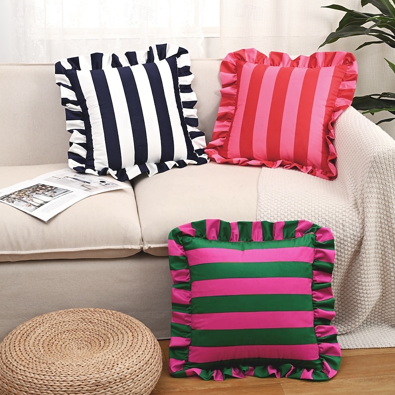 1 Pc Striped Lace Velvet Pillowcase 18X18Inch Pillow Cover Soft Cozy Cushion Cases for Couch Bedroom Living Room Home Decor2