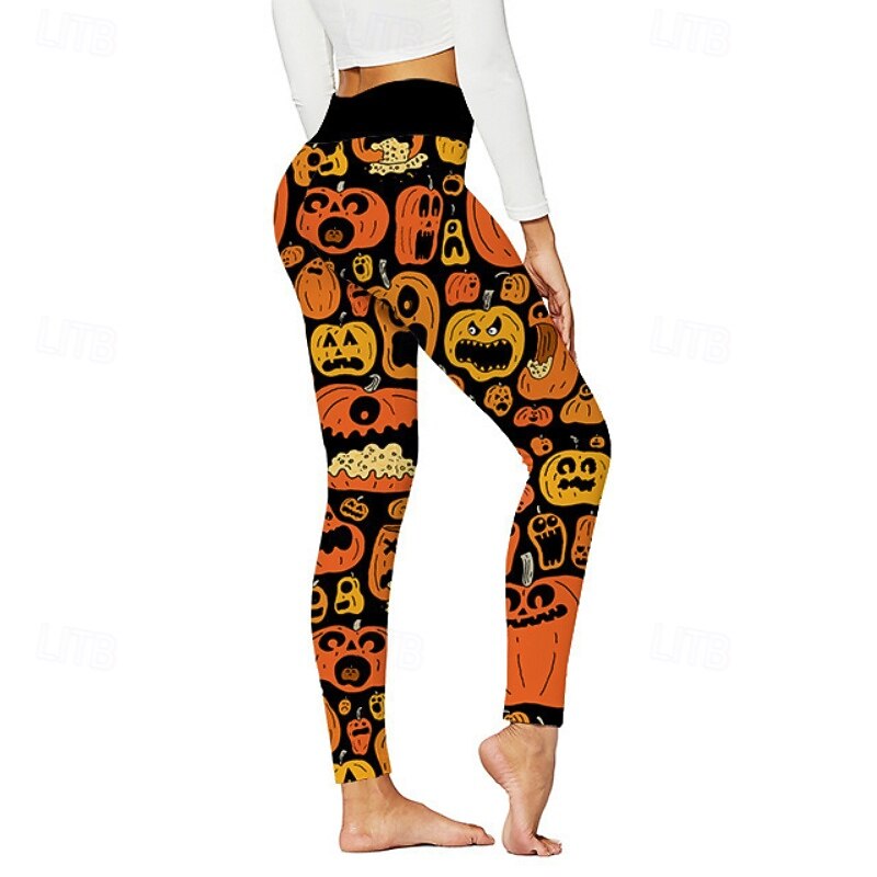 Women's Leggings Streetwear Casual Full Length NaturalPantsHalloween Pumpkin Elastic Waist Printing Comfortable Outdoor Vacation Holiday Black Grey Dark-Gray Orange red Black Fall Regular Fit
