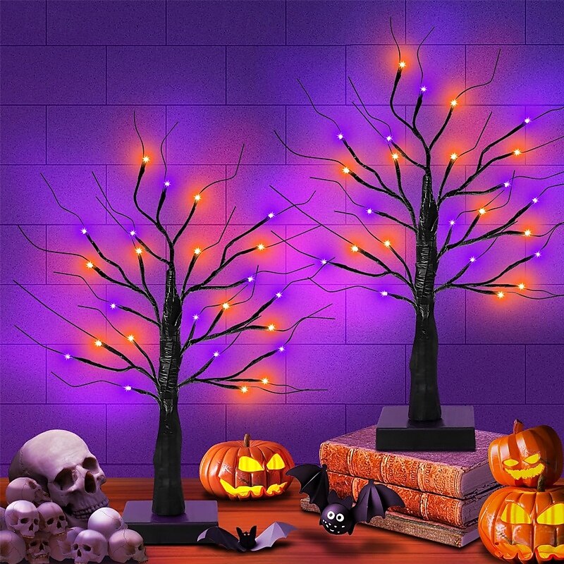 1 Pack 21.65 Inch Black Halloween Tree with Orange Purple Lights USB/Battery Operated Light Up Halloween Table Decorations Spooky Halloween Decorations Indoor Home Mantle Room Party Decor