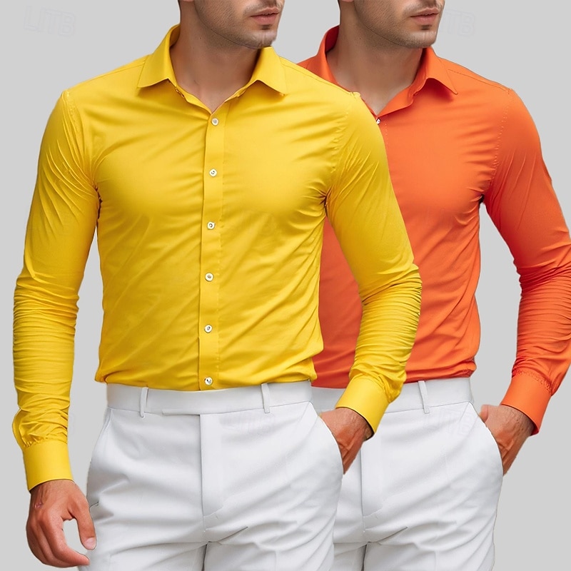 Men's Shirt Dress Shirt Button Up Shirt Tuxedo Shirts Solid / Plain Color Office & Career Daily Wear Yellow+Orange Yellow+pink Green+Yellow Long Sleeve Shirt Collar All Seasons Clothing Apparel Basic2