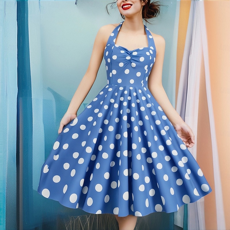 Retro Vintage 1950s Grease Outfits Rockabilly Midi Dress Swing Dress Flare Dress Polka dots Halter Neck Fancy Dress Women's Carnival Vacation Daily Wear Retro Theme Party Adults Dress Spring & Summer