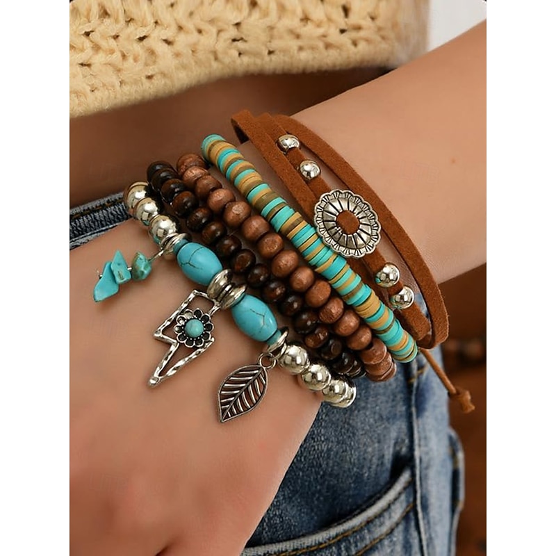 Women's Boho Beaded Layered Charm Bracelet Set – Vintage Style Wooden, Turquoise, and Suede Leather Bracelets with Leaf and Geometric Pendants, Ideal for Casual Wear, Festivals and Beach Vacations