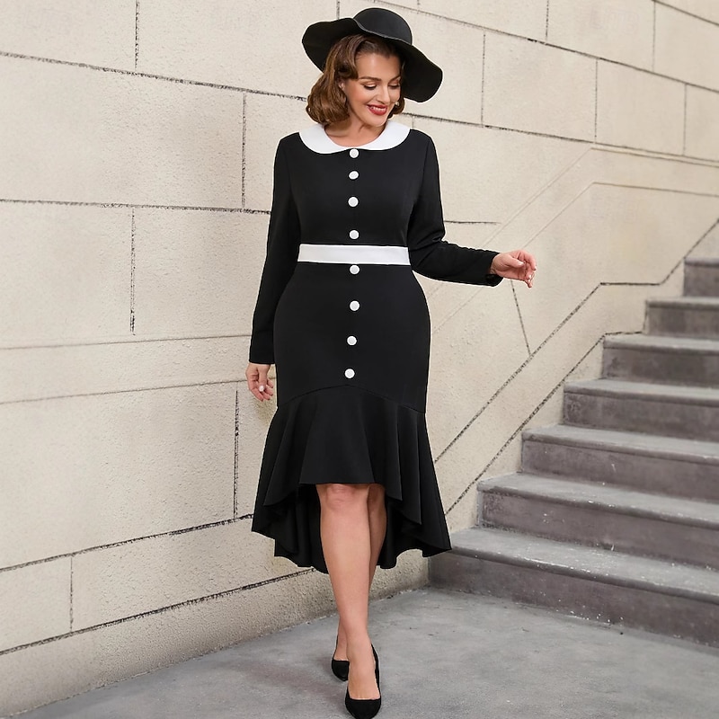 Retro Vintage 1950s 1960s Midi Mermaid Dresses Plus Size Ruffle Asymmetric Hem Fit and Flare Fancy Dress Women's Formal Party & Evening Retro Theme Party Adults' Dress Spring Fall & Winter2