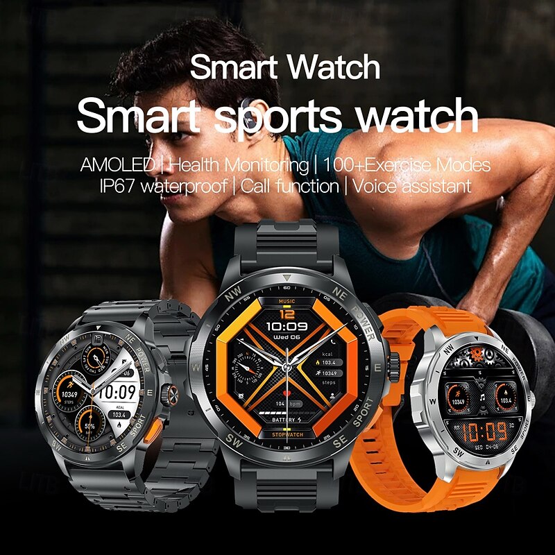 AK77 Smart Watch 1.43 inch Smartwatch Fitness Running Watch Bluetooth Pedometer Call Reminder Activity Tracker Compatible with Android iOS Men Long Standby Waterproof Media Control IP68 22mm Watch2