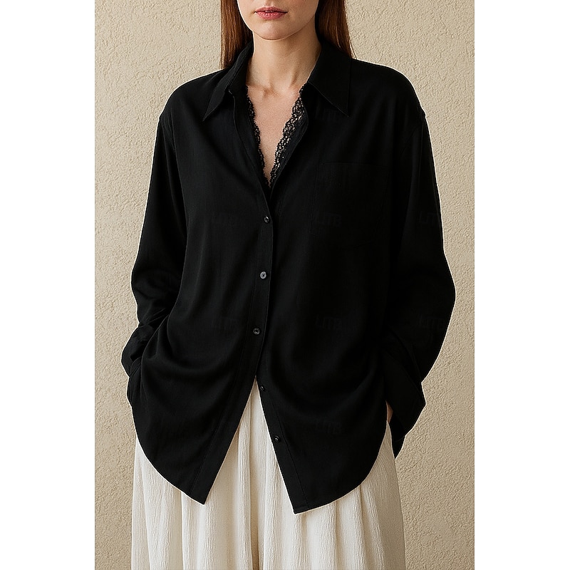 Women's 100% Tencel Shirt Button Down Blouse Solid Color Plain Elegant Vintage Daily Long Sleeve Polo Collar Regular Tops Work Daily Holiday Lace Patchwork Black White Summer Spring Fall