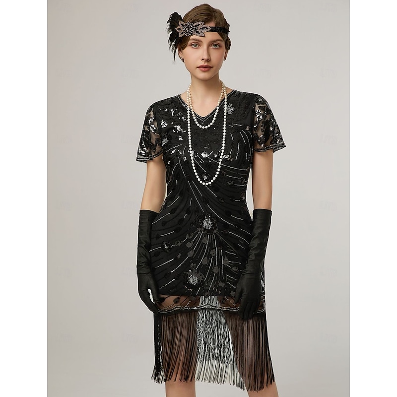 Retro Vintage Roaring 20s 1920s Midi Flapper Dress Cocktail Dress The Great Gatsby Flapper Girl Sequins Fringe V Neck Fancy Dress Women's Christmas Halloween Carnival Wedding Evening Party Masquerade