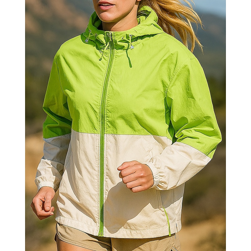 Women's Running Jacket Outdoor Jacket Hooded Jacket Drawstring Zipper Pocket Long Sleeve Top Athleisure Patchwork Windproof UPF 50+ Breathable Fishing Hiking Running Sportswear Activewear White Pink