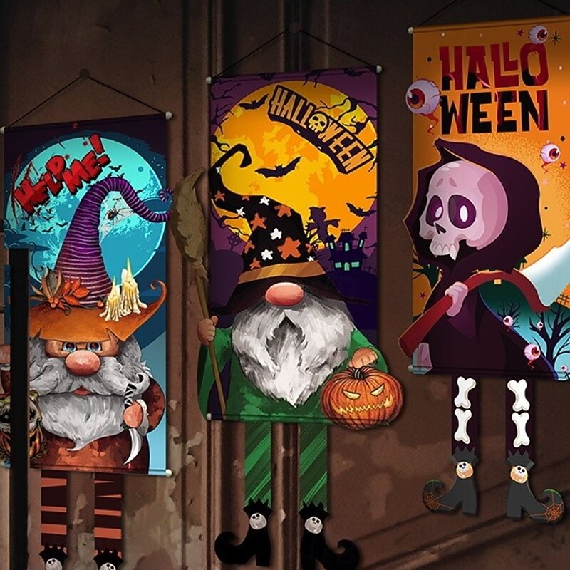 Halloween Decorations Halloween Flags Pumpkin Skeleton Gnome Witch Decoration Flags Ghost Shape Glowing Flag Hanging Flags Halloween Outdoor Indoor Decor Decorative Flags Party Supplies