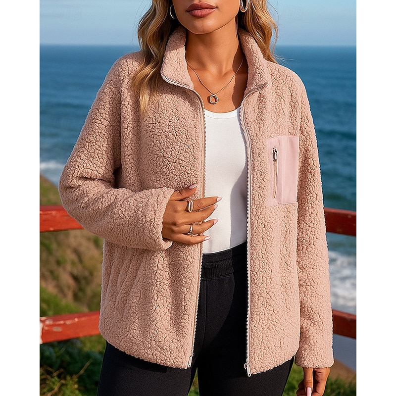Women's Outdoor Recreation Coatv Polar Soft Fleece Jacket Pocket Full Zip Long Sleeve Top Athleisure Solid Colored Windproof Lightweight Warm Hiking Workout Athletic Sportswear Activewear Black White3