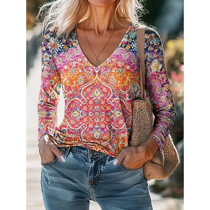 Women's Blouse Floral Paisley Bohemia Daily Long Sleeve V Neck Regular Tops Daily Holiday Print White Yellow Pink Blue Purple Summer Spring Fall4