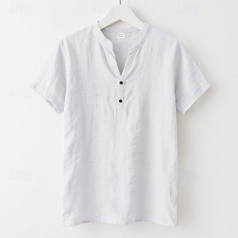 Men's Shirt Linen Shirt Popover Shirt Casual Shirt Cotton Shirt Plain Vacation Street Black White Khaki Light Blue Short Sleeve Band Collar Summer Clothing Apparel4