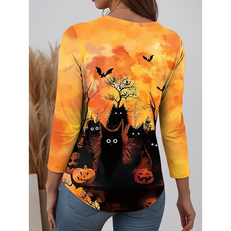 Halloween Women's T shirt Black Cat Long Sleeve Graphic Stylish Modern Long Sleeve Crew Neck Regular Tops Daily Weekend Print Black Yellow Orange Spring Fall Winter Prefall2