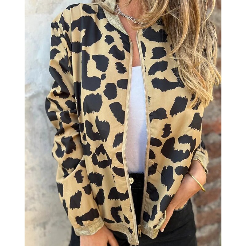 Women's Casual Jacket Warm Comfortable Zipper Pocket Fashion Outdoor Leopard Going out Weekend Zipper Regular Stand Collar Regular Fit Long Sleeve Outerwear Yellow Fall Winter3