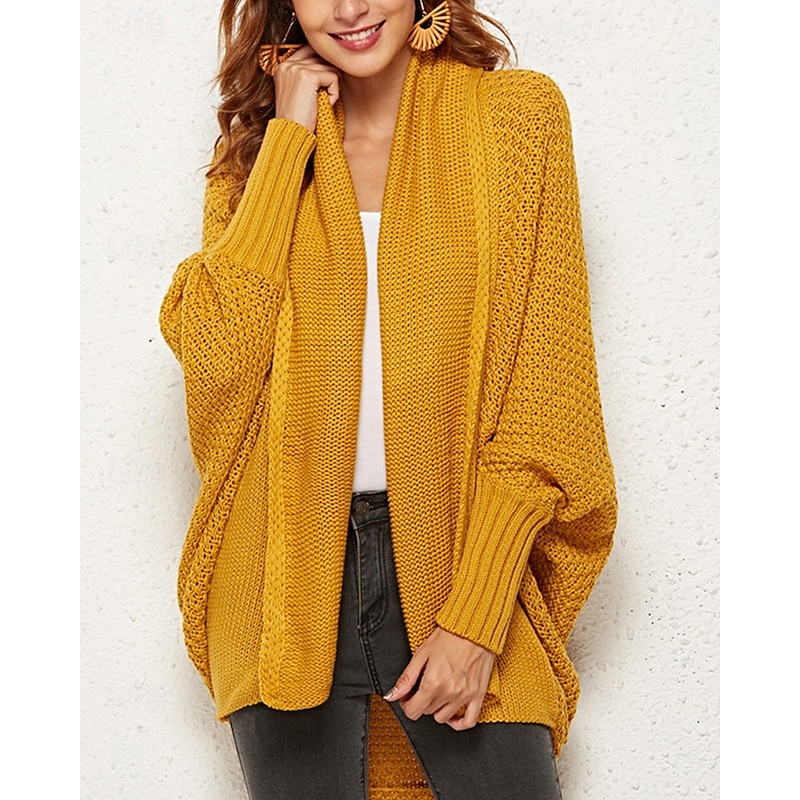 Women's Sweater Cardigan Fashion Streetwear Daily Solid Color Ribbed Open Front Knitted Long Sleeve Long Tops Knit Holiday Going out Weekend Black Yellow Fall Winter3