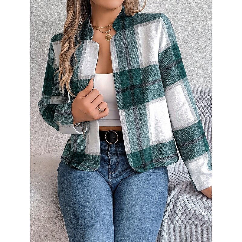 Women's Casual Jacket Comfortable Breathable Print Casual Plaid Vacation Street Daily Wear Going out Open Front Short Stand Collar Regular Fit Long Sleeve Outerwear Navy Red Green Summer Spring2